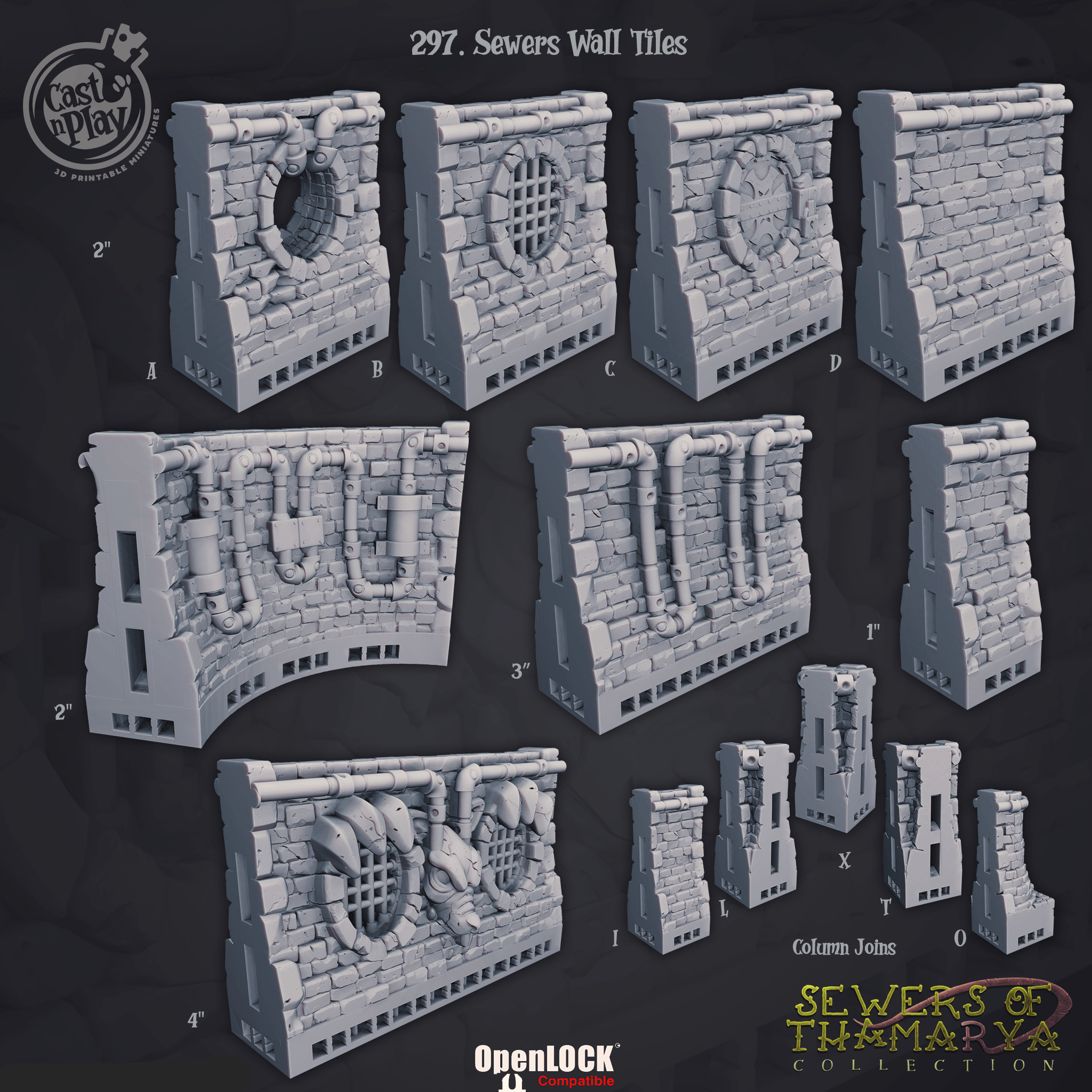 3D Printed Cast n Play Sewers of Thamarya - Sewers Wall Tiles 28mm 32mm D&D