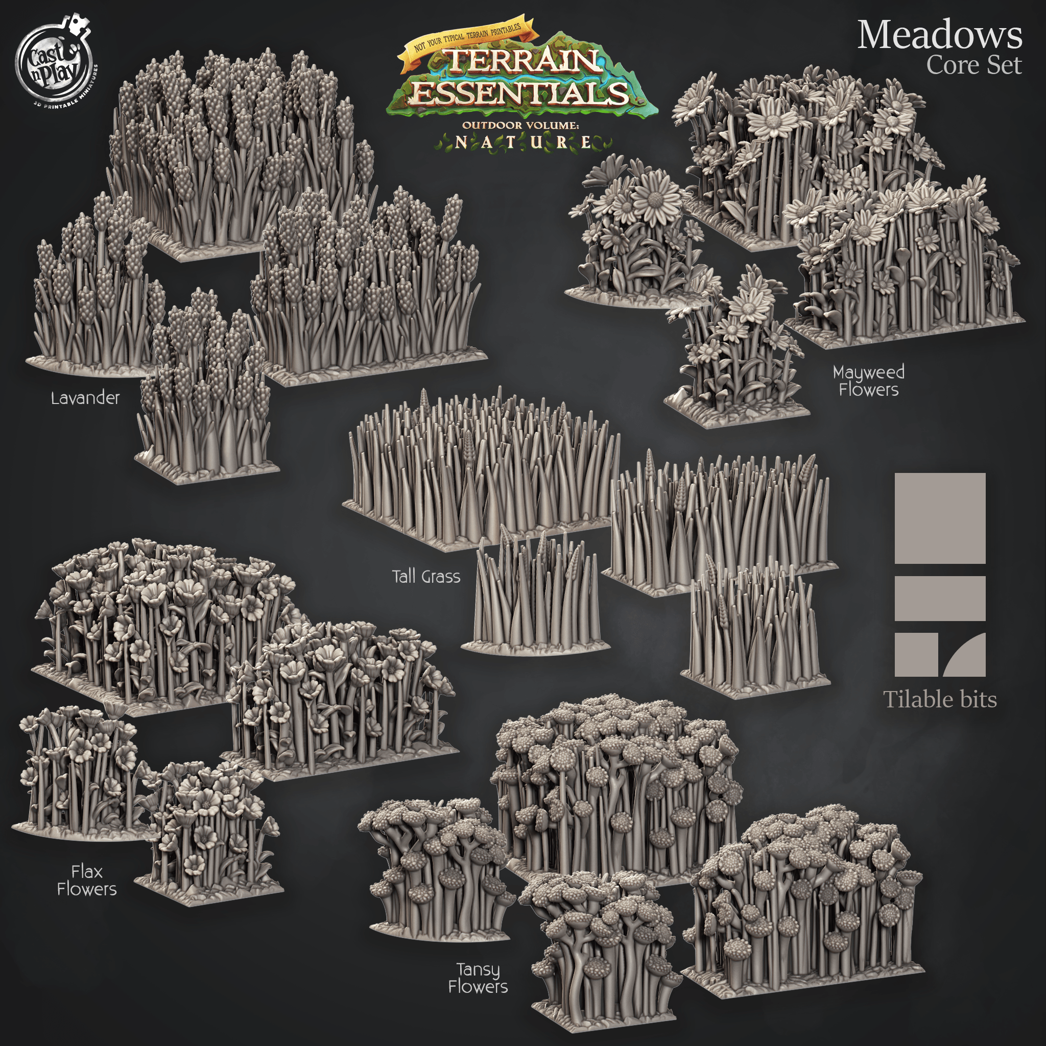 3D Printed Cast n Play Terrain Essentials Nature Meadows & Countryside Terrain - Meadows Core Set 28mm 32mm D&D