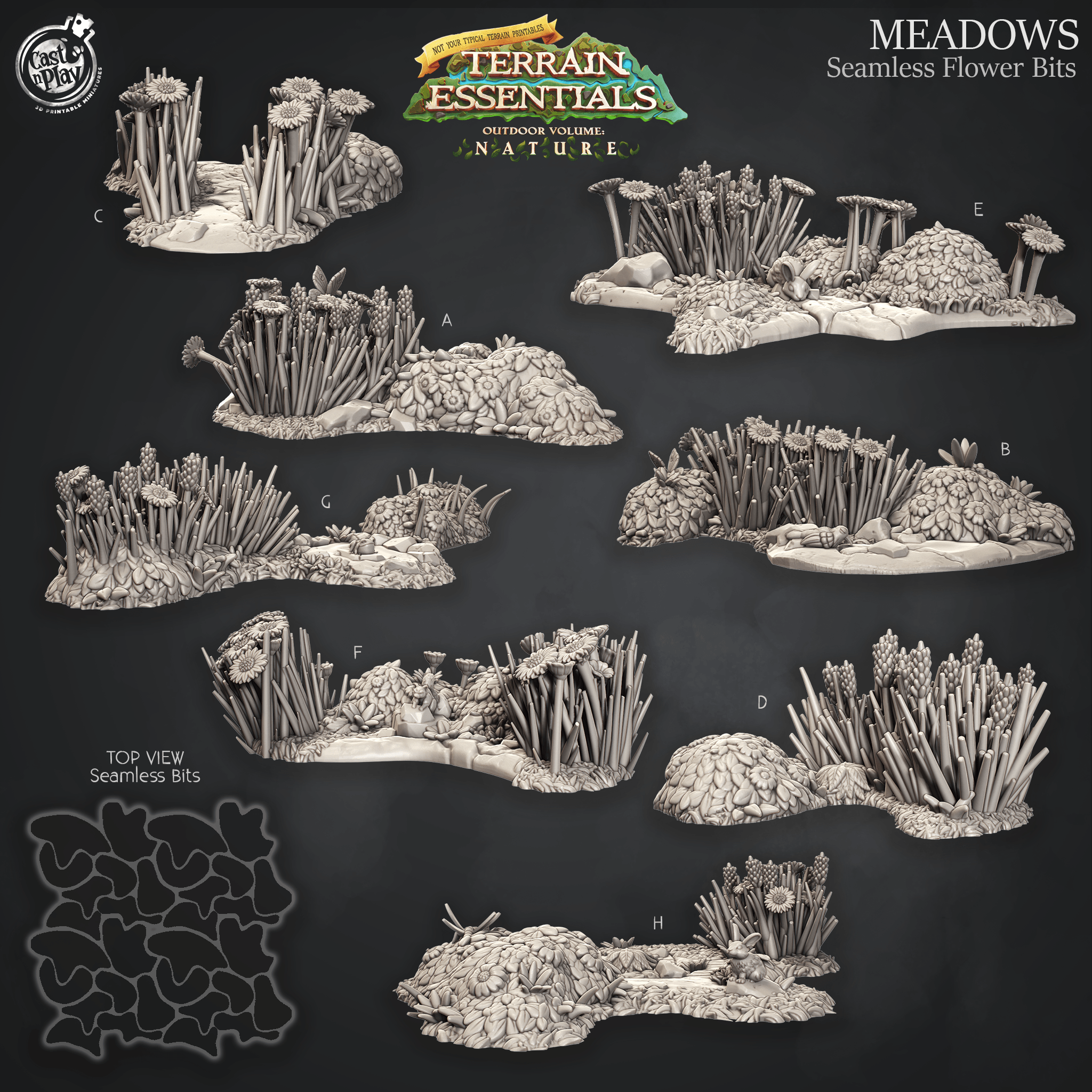 3D Printed Cast n Play Terrain Essentials Nature - Meadows Seamless Flower Bits Set 28mm 32mm D&D