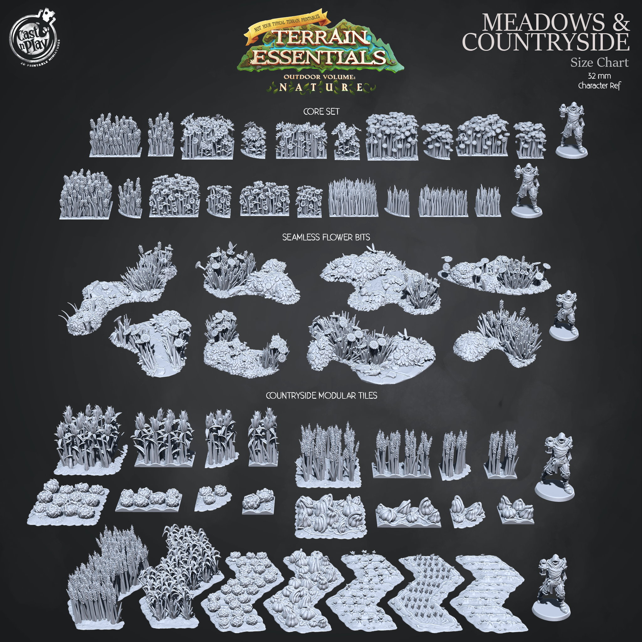 3D Printed Cast n Play Terrain Essentials Nature - Meadows Seamless Flower Bits Set 28mm 32mm D&D