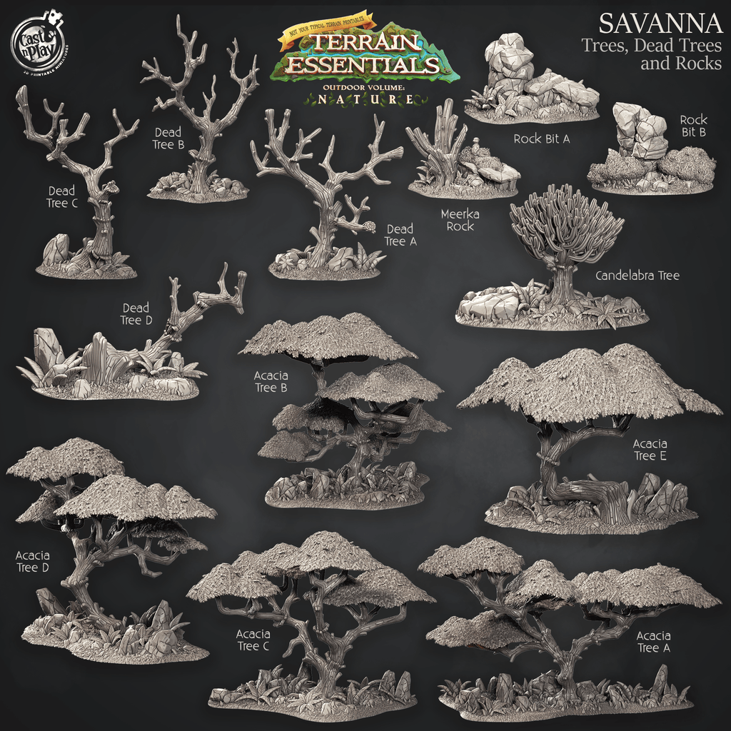3D Printed Cast n Play Terrain Essentials Nature Savanna Terrain - Trees, Dead Trees and Rocks Set 28mm 32mm D&D
