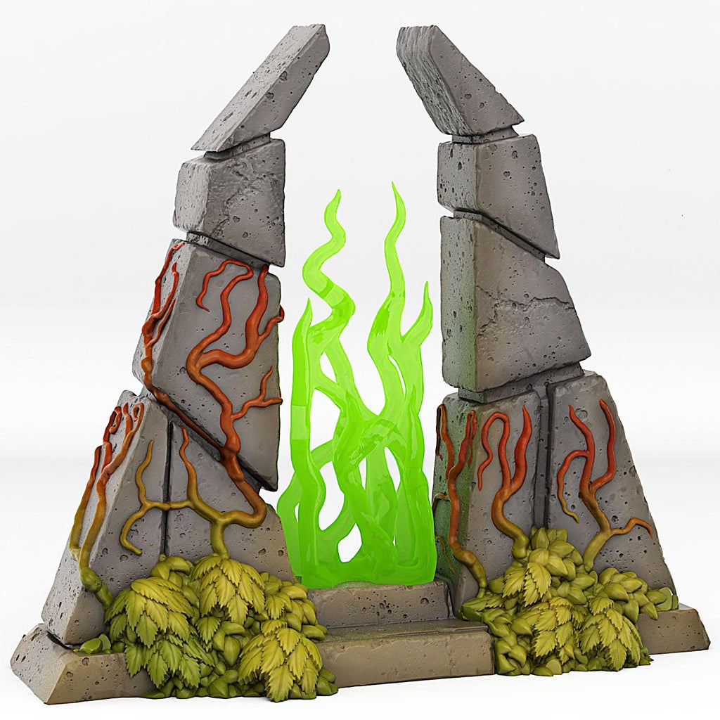 3D Printed Fantastic Plants and Rocks Temple Portal With Its Green Fire Effect 28mm - 32mm D&D Wargaming