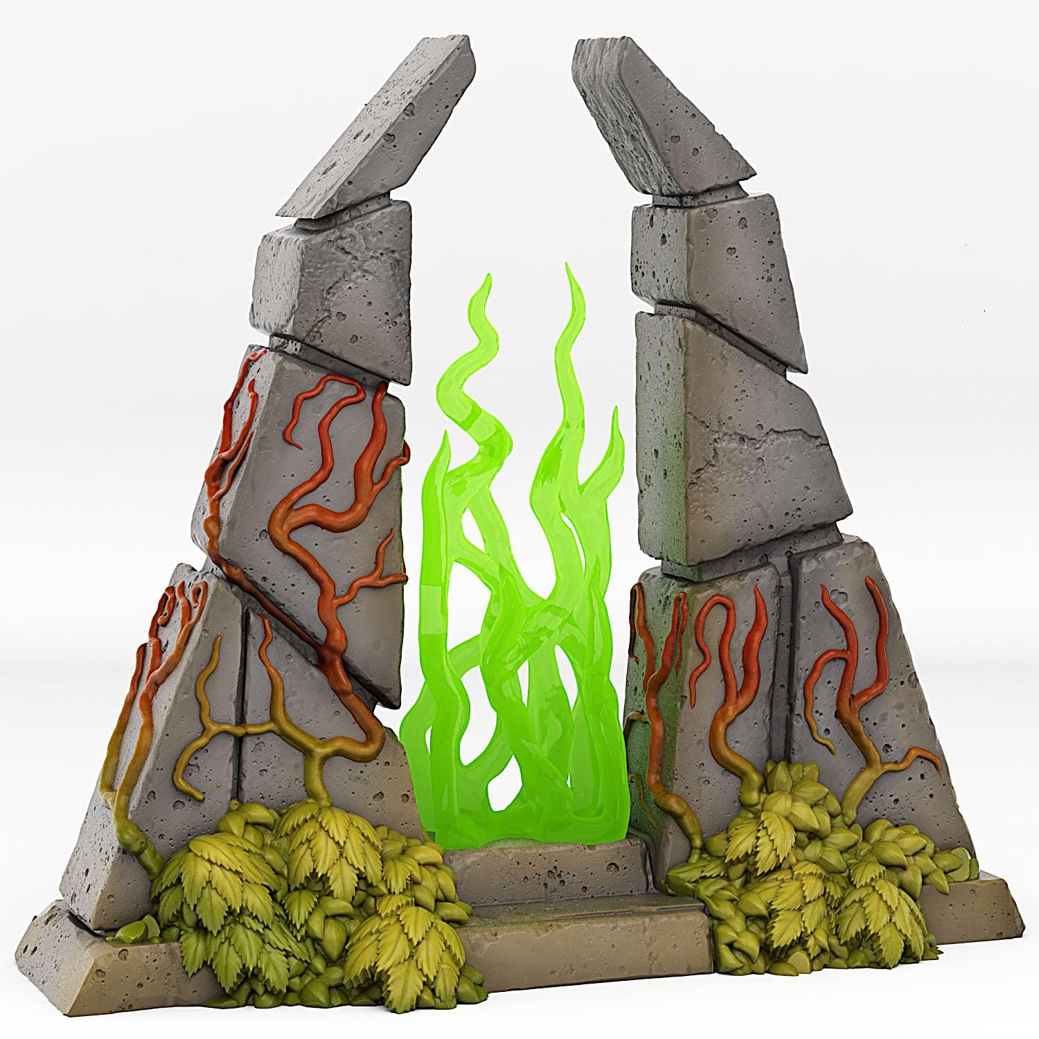 3D Printed Fantastic Plants and Rocks Temple Portal With Its Green Fire Effect 28mm - 32mm D&D Wargaming