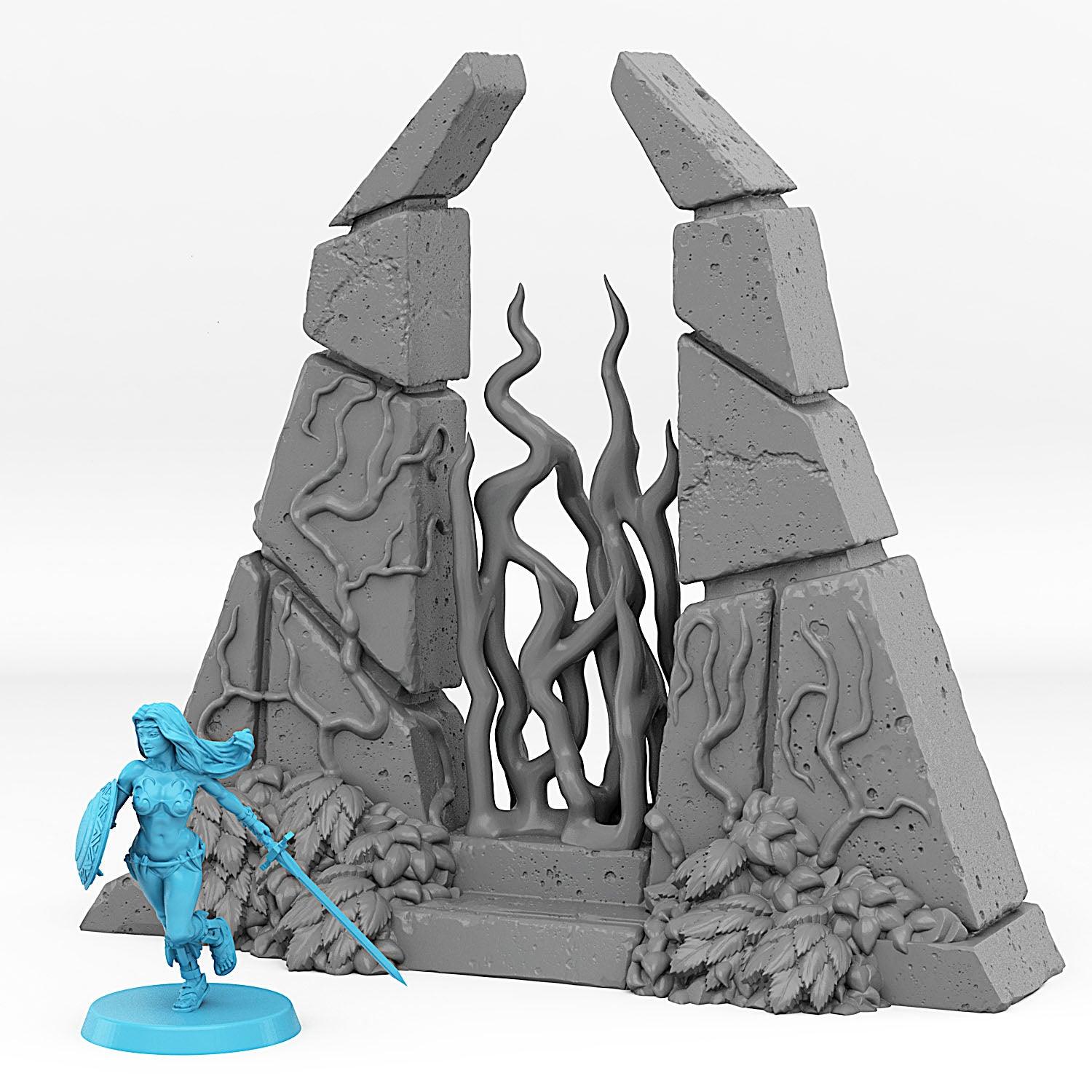 3D Printed Fantastic Plants and Rocks Temple Portal With Its Green Fire Effect 28mm - 32mm D&D Wargaming