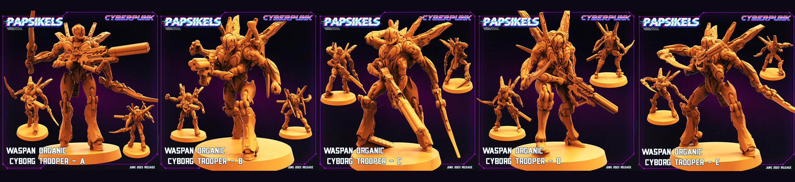 3D Printed Papsikels June 2023 Cyberpunk Waspan Organic Cyborg Trooper Set 28mm 32mm