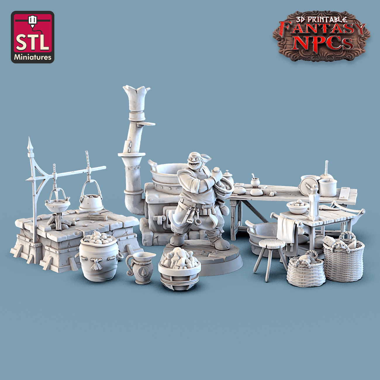 3D Printed STL Miniatures Cook Set Fantasy NPC 28mm - 32mm War Gaming D&D