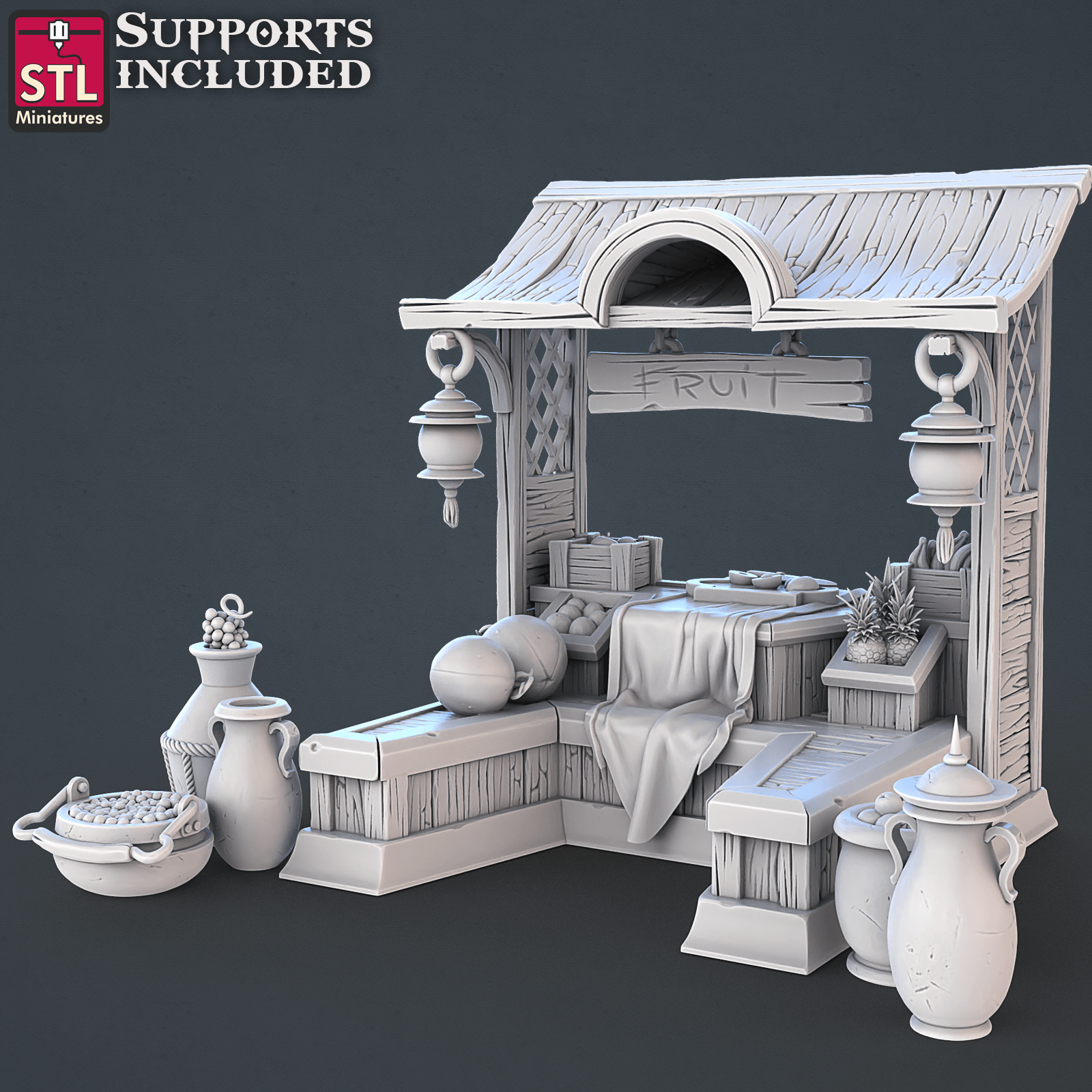 3D Printed STL Miniatures Food Vendors Set 28mm - 32mm War Gaming D&D
