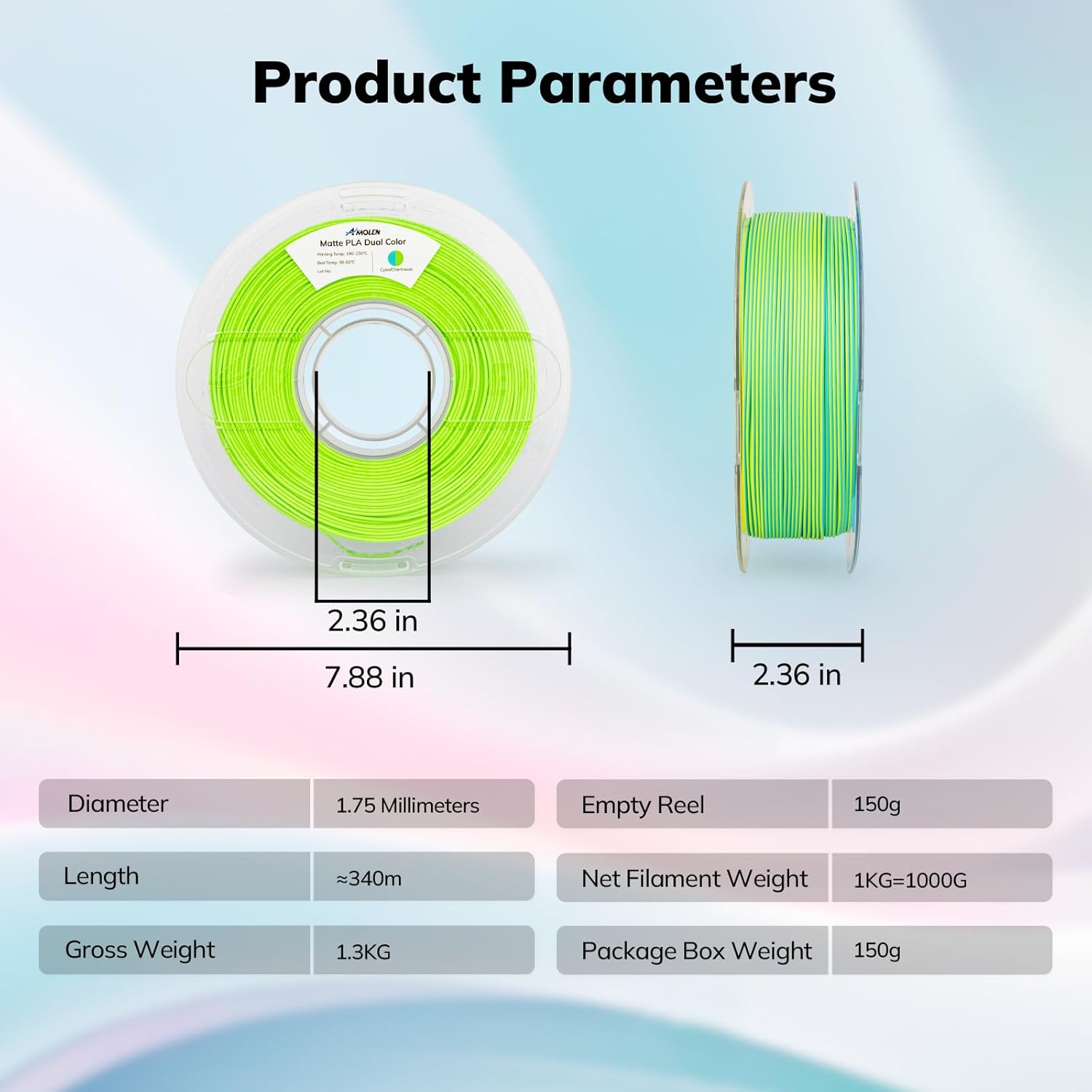 PLA Matte Dual Filament 1.75mm, 1KG/2.2LB