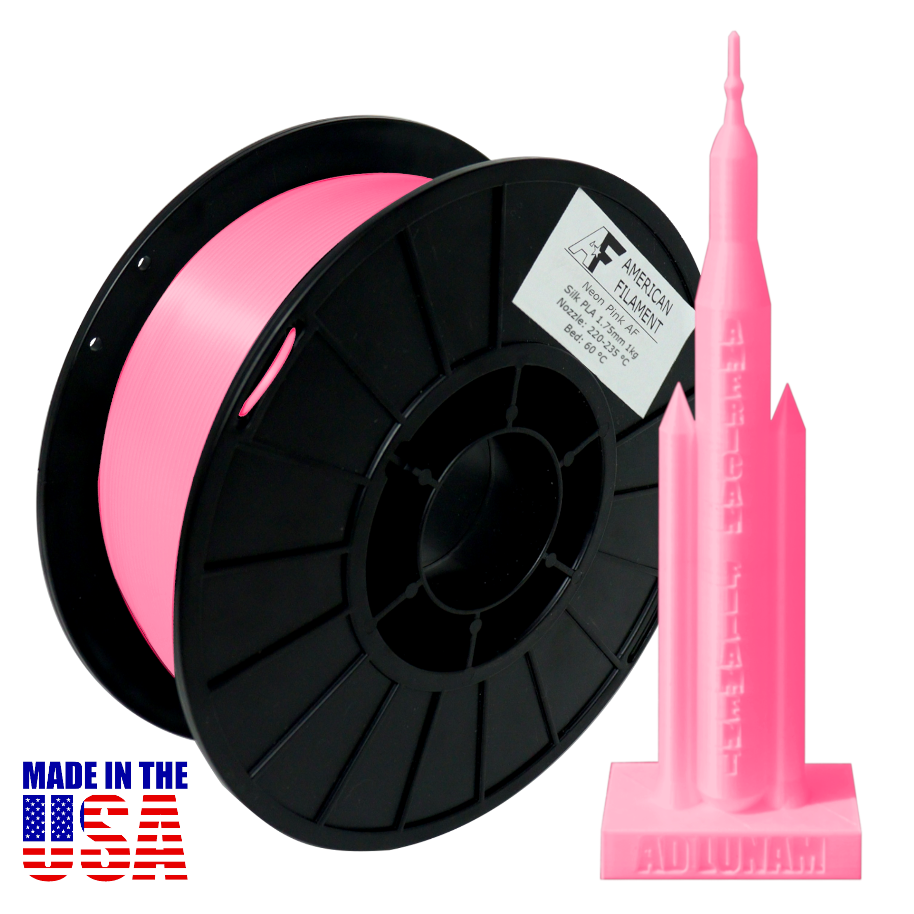 Neon Pink AF Silk PLA 3D Printer Filament, 1.75 mm Diameter, 1 kg Spool
