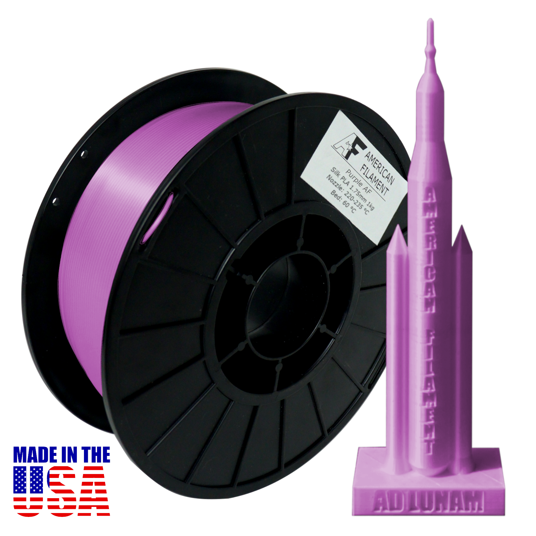 Purple AF Silk PLA 3D Printer Filament, 1.75 mm Diameter, 1 kg Spool