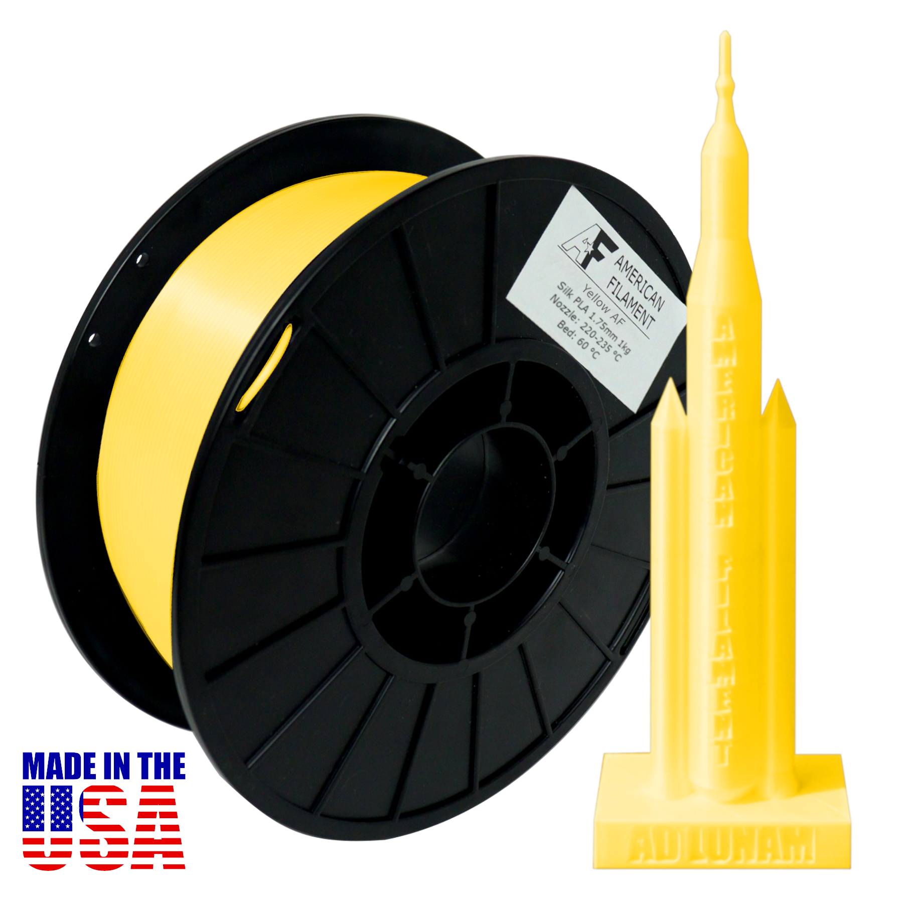 Yellow AF Silk PLA 3D Printer Filament, 1.75 mm Diameter, 1 kg Spool