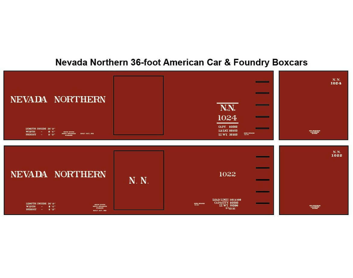 Nevada Northern 36 Foot AC&F Boxcars Decal Set HO Scale