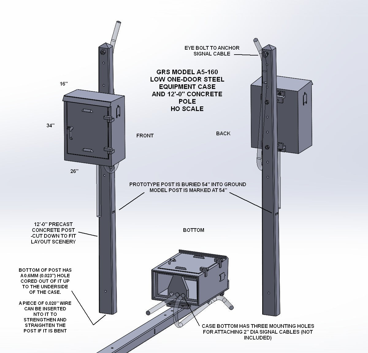 General Railway Signal Low 1-Door Steel Equipment Case on 12'-0" Concrete Post HO scale